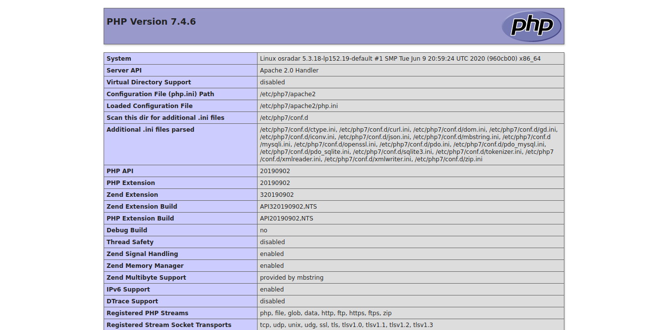 3.- PHP info on OpenSUSE 15.2 / 15.1