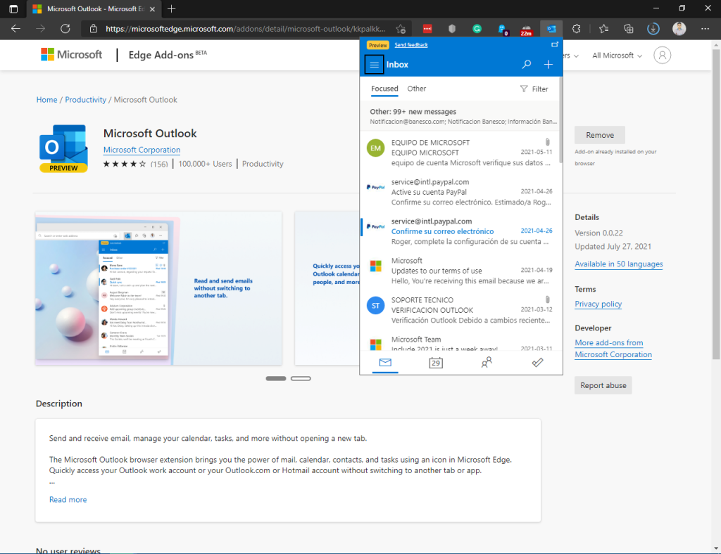 Outlook extension for Edge, showing the inbox.