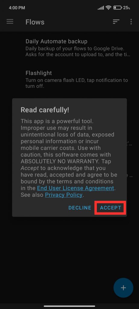 ccept the "Terms & Conditions" to continue automate