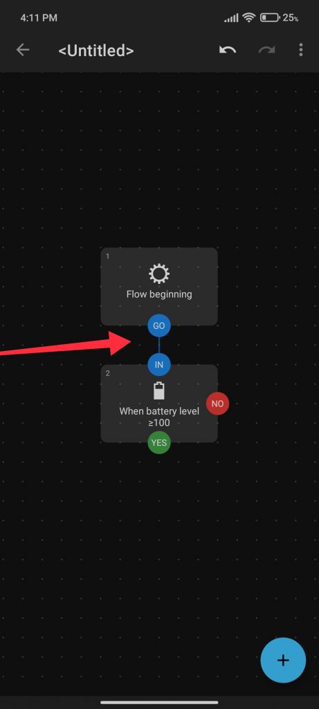 link from "GO" of Flow beginning to "IN" of When battery level, drawing a line with your finger, which will link both blocks