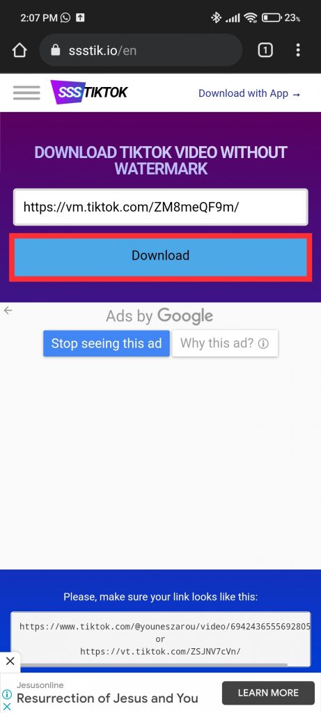 go to the SSSTikTok website from a browser. Next, paste the address in the blank box that is displayed and click on the Download button.