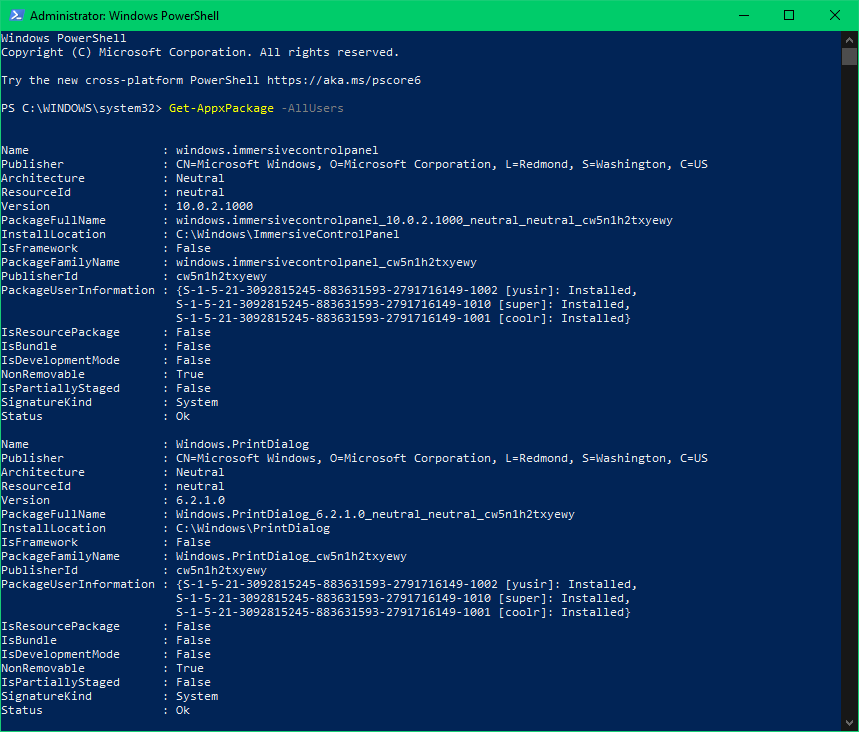 PowerShell showing all installed applications in Windows 10