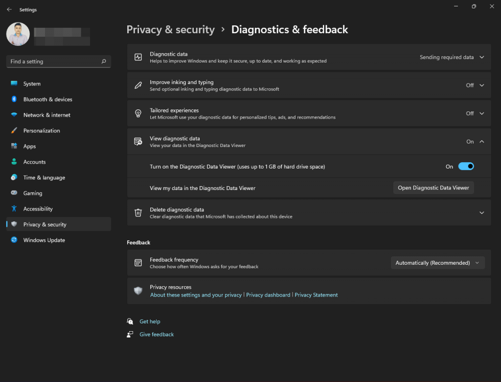 Privacy options in Windows 11