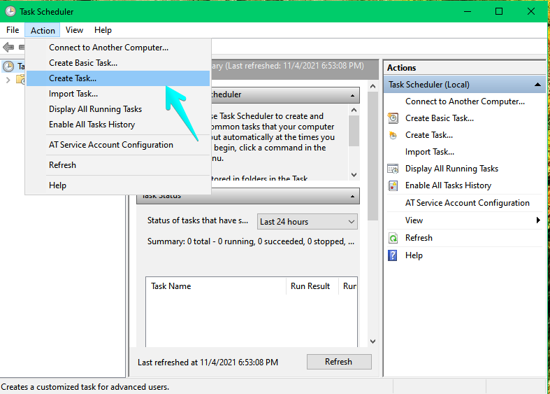 Creating a task in the task scheduler.