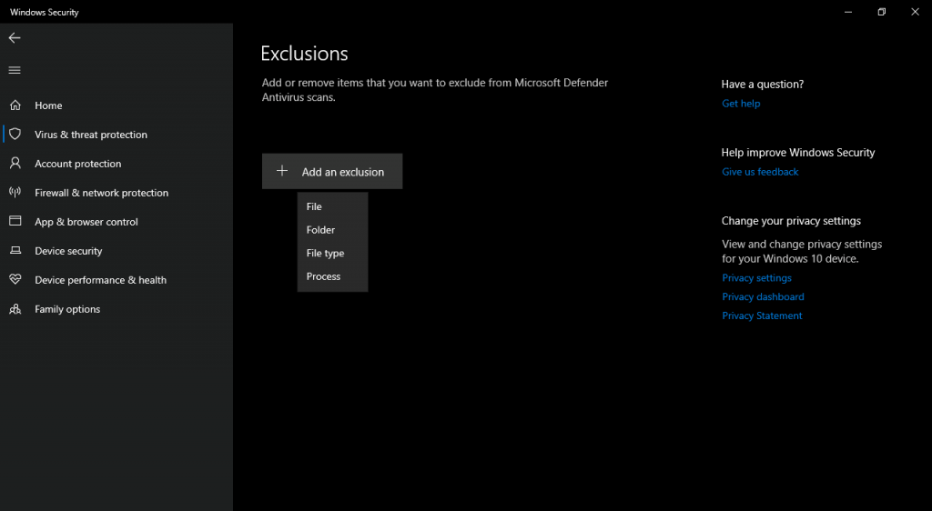 Selecting the type of exclusion for Windows Defender