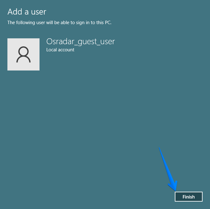 Creating a new guest account in Windows 11.