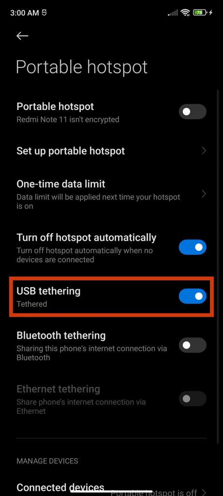 Enable USB tethering share the Internet on your